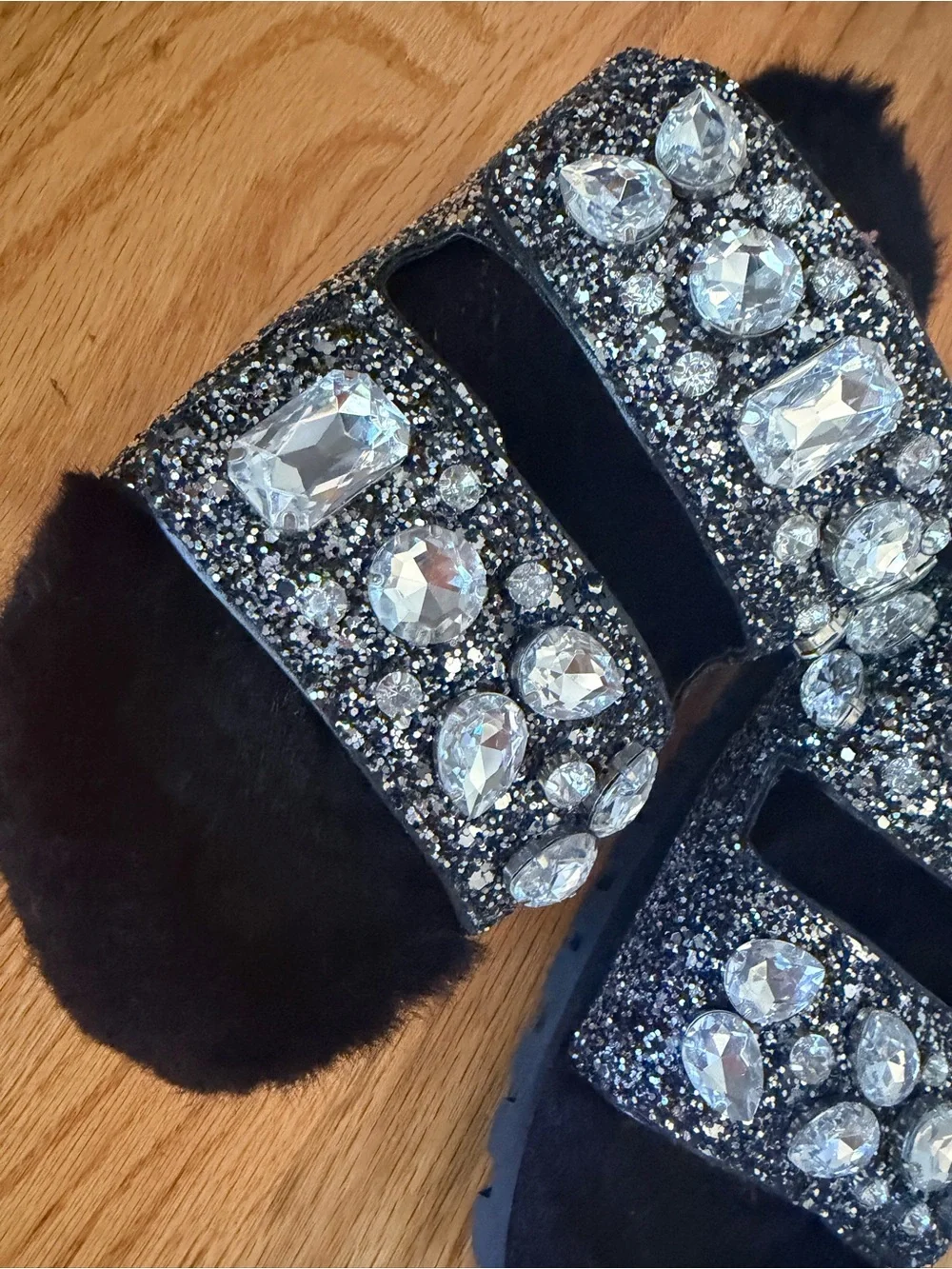 Michael Kors Black Faux Fur Jeweled Slide Sandals